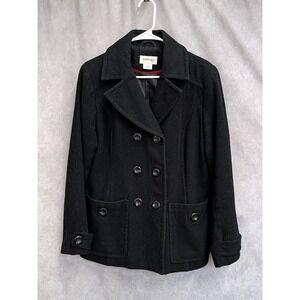 St Johns Bay Womens Black Wool Blend Double Breasted Pea Coat Jacket Size L